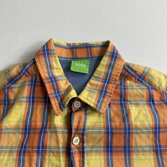 Boss Hugo Boss‎ Green Label Button-up Short Sleeve Plaid Shirt Cotton Size Small - Picture 9 of 12